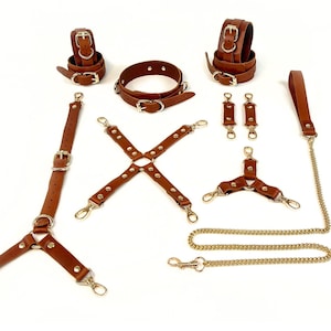 Könnte beinhalten: Eine Sammlung brauner Lederfesseln, darunter Handgelenksmanschetten, ein Halsband, Hosenträger und eine Leine mit goldener Kette. Das Set verfügt über silberfarbene Metallbeschläge, Schnallen und Karabinerhaken.