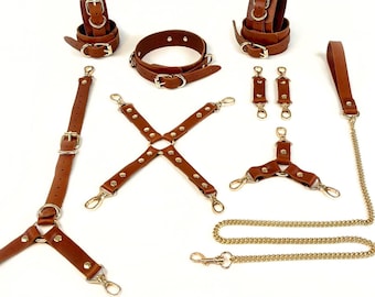 Brown Leather Cuff Set for Mature Users with Custom Hardware – Adjustable Wrist & Ankle Strap Kit for Cosplay Costume Fashion