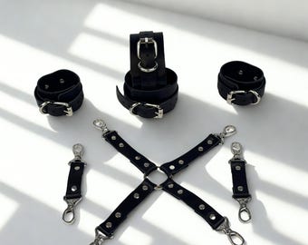 Handmade Black Leather Restraint Set – Adjustable Cuffs, Cosplay Harness