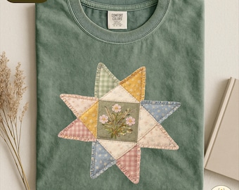Quilt Star Faux Patchwork Comfort Colors T-shirt, Cottagecore Patchwork Graphic Top, Rustic Country Aesthetic Tee, Not Real Patch Shirt