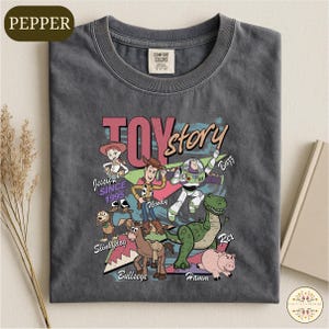 A gray t-shirt with a colorful graphic design featuring characters from the Toy Story movie, including Woody, Buzz Lightyear, Slinky, and Hammy.