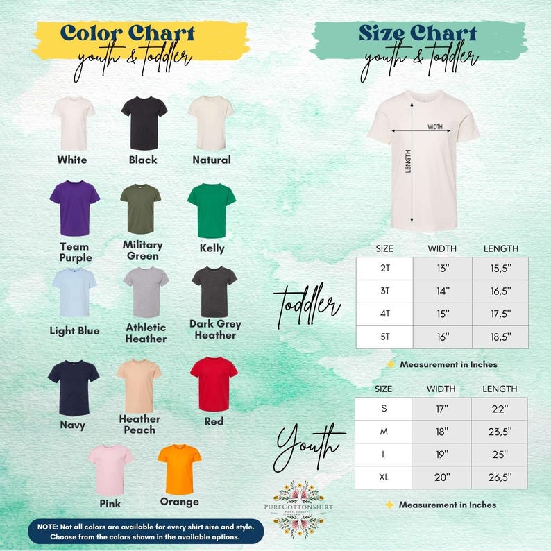 May include: Color and size chart for youth and toddler t-shirts. The color chart displays various shirt colors, including white, black, and navy. The size chart shows measurements in inches for toddler and youth sizes.