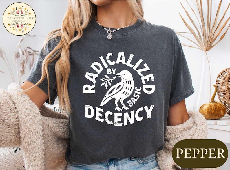 May include: Dark gray t-shirt with the text "RADICALIZED BY BASIC DECENCY" in a circular design around a dove holding an olive branch. The shirt is a pepper color.