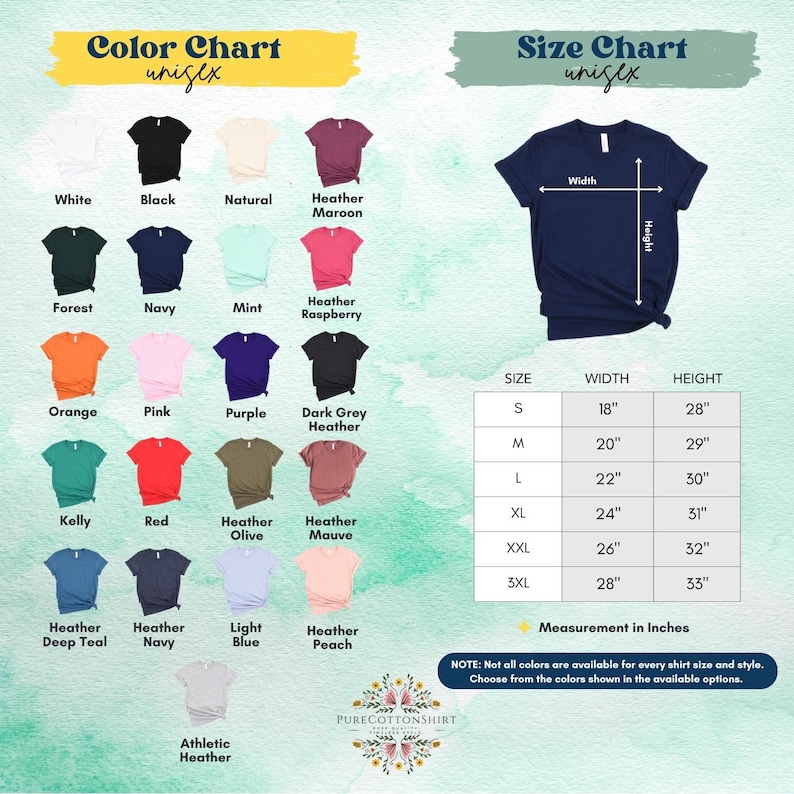 May include: A color chart and size chart for unisex t-shirts. The color chart displays various shirt colors, including white, black, navy, and orange. The size chart shows measurements in inches for sizes S to 3XL. The text "PURECOTTONSHIRT" is at the bottom.