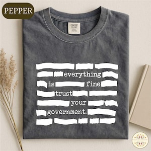 Puede incluir: Una camiseta gris oscuro con la frase "everything is fine trust your government" en letras blancas. La camiseta está doblada y tiene una etiqueta Comfort Colors.