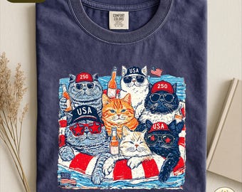 Patriotic Cat Comfort Colors Shirt, 4th Of July Clothing, Independence Day Graphic Top, Funny American Cat Tee, USA 250 Anniversary T-shirt