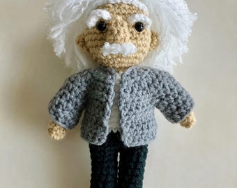 Patrón de crochet Einstein en PDF – Muñeco amigurumi científico – Amuleto de la suerte y compañero de estudio – Descarga digital – Inglés