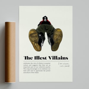 Puede incluir: Póster con el texto "The Illest Villains" y una figura con chaqueta con capucha roja y botas negras. El póster celebra a los villanos en la cultura popular y sugiere que son importantes.