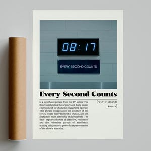 May include: A poster featuring the phrase "Every Second Counts" and the time "08:17" on a digital display. A rolled-up brown poster tube is on the left. The design is minimalist.