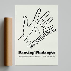 Puede incluir: Un póster con un dibujo lineal negro de una mano abierta, con las palabras "DANCING PHALANGES" y "Dancing Phalanges" en texto negro. Un tubo cilíndrico marrón está a la izquierda del póster.