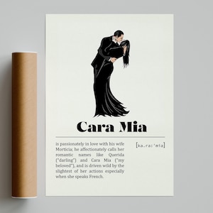 May include: A black and white illustration of a couple embracing, with the text "Cara Mia" above a definition. The poster is on a white background, with a brown cylindrical package to the left.