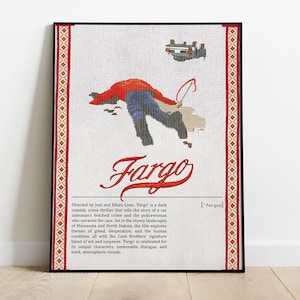 Könnte beinhalten: Gerahmtes Poster für den Film "Fargo" mit einem stilisierten Bild einer stürzenden Person und dem Titel in roter Schrift. Das Poster enthält Text, der die Handlung des Films beschreibt, und ist mit einem dekorativen Rand versehen.