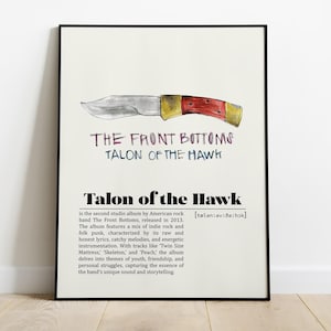 May include: A framed poster featuring a hand-drawn illustration of a knife above the text "THE FRONT BOTTOMS TALON OF THE HAWK." The poster includes album details and is displayed on a light-colored wall.