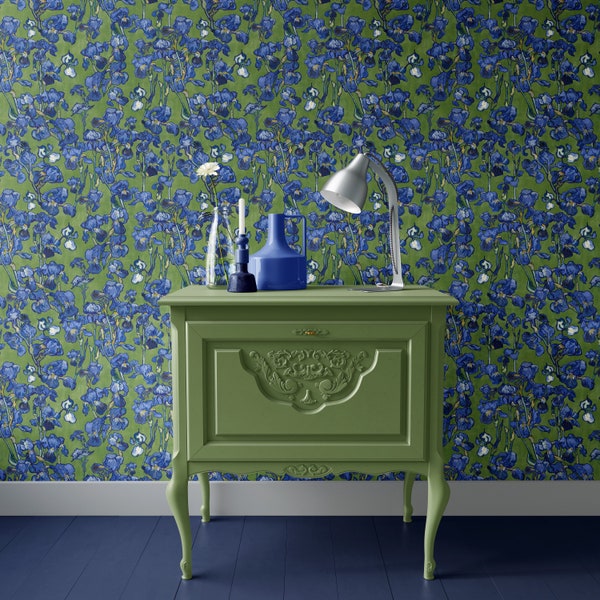 Van Gogh Irises Wallpaper cobalt navy blue fern green REMOVABLE Peel and Stick Self Adhesive or PrePasted repositionable EASY INSTALL woven