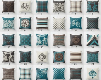 Teal Blue Dark Chocolate Grey Brown Throw Pillow Mix and Match Indoor Outdoor Cushion cover Accent Couch Toss Turquoise Beige Cream Offwhite