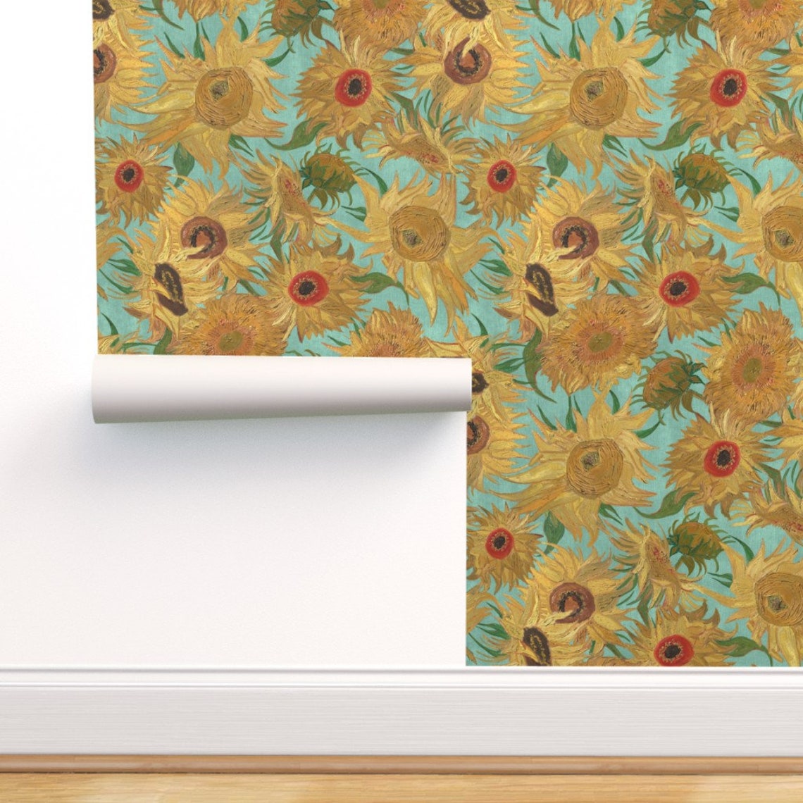 Van Gogh Sunflowers Wallpaper aqua yellow REMOVABLE Peel ...