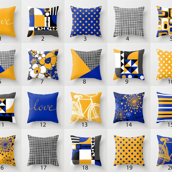 Black White Yellow Royal Blue Throw Pillow Mix and Match Indoor Outdoor Cushion cover Accent Couch Toss Cobalt Navy Corn Saffron Mustard