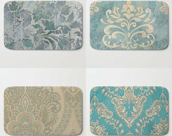 Vintage Kilim Bath Mat Kitchen Plush Rug Memory Foam Vintage Damask Bathroom Retro Bath Shabby Chic duck egg teal sand aqua blue greige gold
