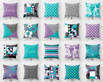 Purple Turquoise Black White Throw Pillow Mix and Match Indoor Outdoor Cushion cover Accent Couch Toss Aqua Teal Blue Violet Lavender