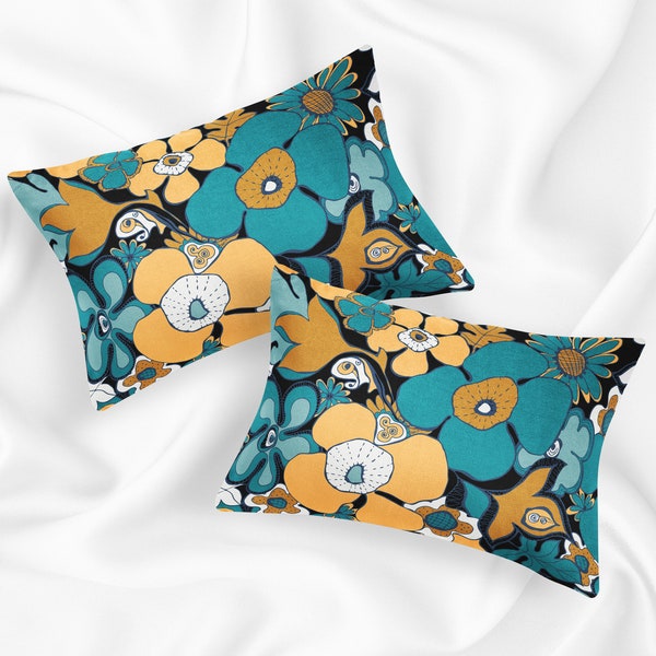 Floral Doodles 100 % Mulberry Silk or Cotton Sateen Pillow Sham Standard King Size Pillowcase for Hair and Skin mustard yellow teal blue