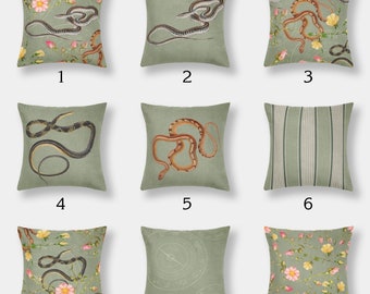 Sage Green Throw Pillows with Snakes, Roses and Chinese calendar Mix and Match Indoor Outdoor Cushion cover Accent Couch Toss Modern Bedding