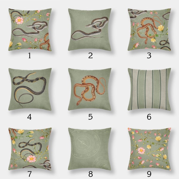 Sage Green Throw Pillows with Snakes, Roses and Chinese calendar Mix and Match Indoor Outdoor Cushion cover Accent Couch Toss Modern Bedding