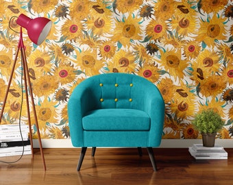 Van Gogh Sunflowers Wallpaper cream yellow red turquoise REMOVABLE Peel and Stick Self Adhesive or PrePasted repositionable EASY INSTALL tan