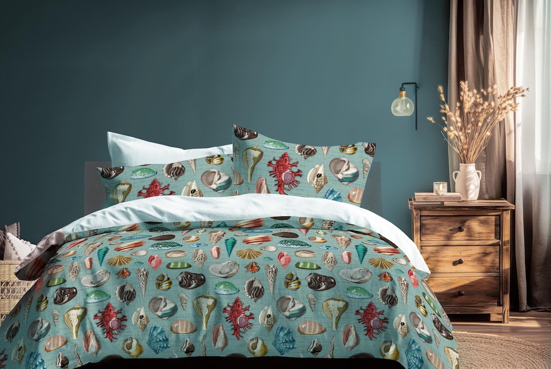 Seashells & Vintage Scripts Bedding in Duck Egg Blue 100% Cotton Sateen ...