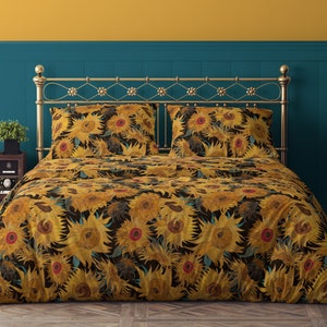 Van Gogh Sunflowers black yellow turquoise 100% Cotton Sateen Bedding Duvet Cover Pillow sham Flat Fitted Sheet king queen full twin saffron image 1