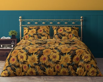 Van Gogh Sunflowers black yellow turquoise 100% Cotton Sateen Bedding Duvet Cover Pillow sham Flat Fitted Sheet king queen full twin saffron