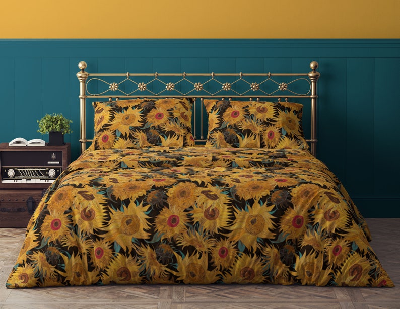 Van Gogh Sunflowers black yellow turquoise 100% Cotton Sateen Bedding Duvet Cover Pillow sham Flat Fitted Sheet king queen full twin saffron image 1