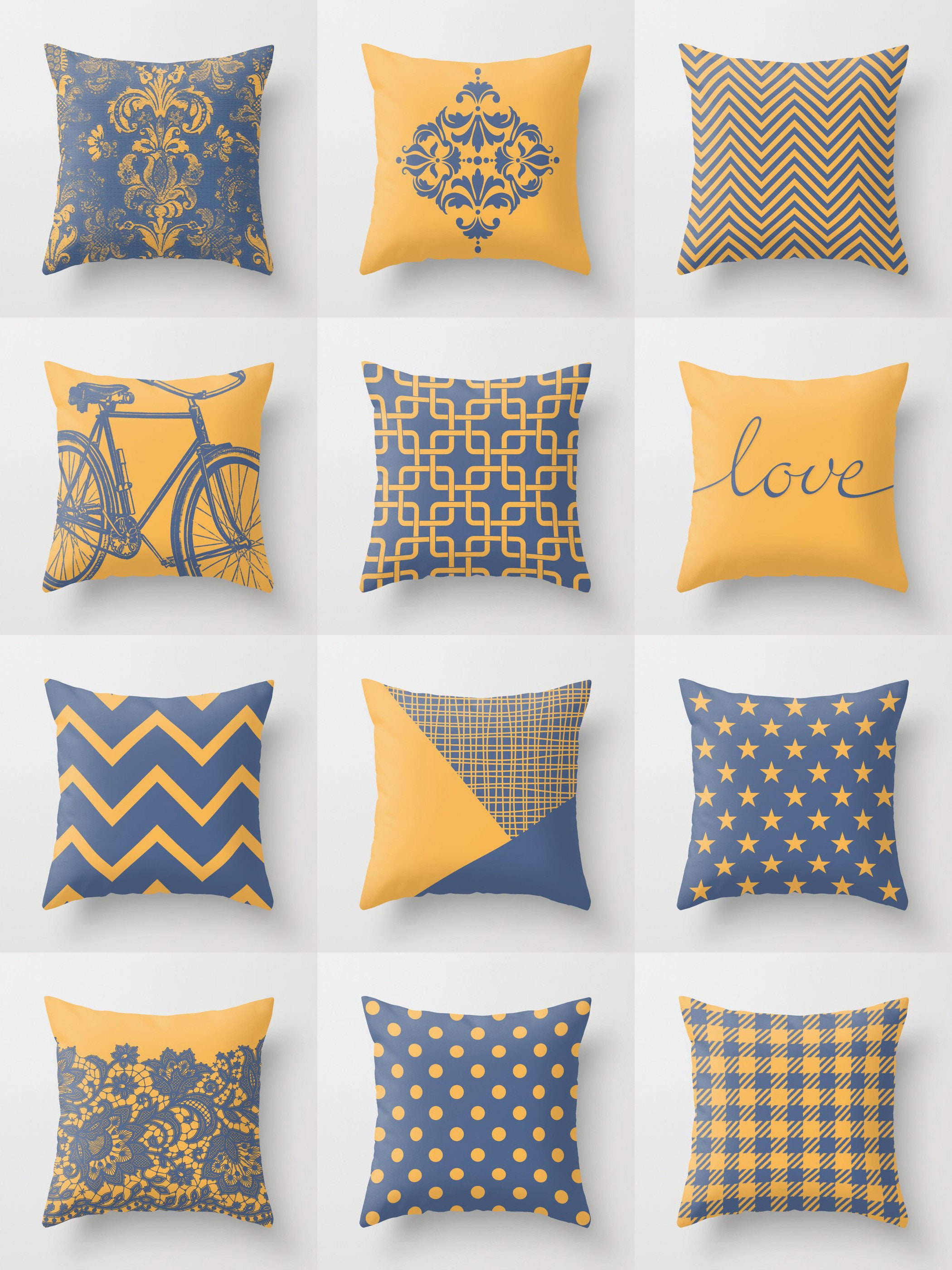 Saffron Yellow Dusty Blue Throw Pillow Mix and Match Indoor Outdoor Cushion  Cover Accent Couch Toss Bright Vivid Melange Houndstooth Corn 