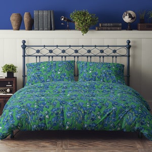 Van Gogh Irises cobalt blue emerald green 100% Cotton Sateen Bedding Duvet Cover Pillow sham Flat Fitted Sheet king queen full twin navy