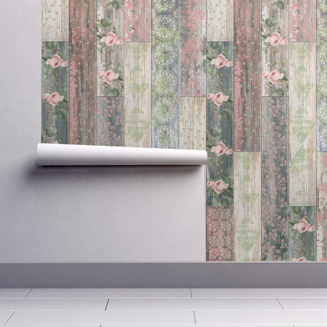 Vintage Wood Random Tiles Wallpaper Pink Green REMOVABLE Peel and Stick