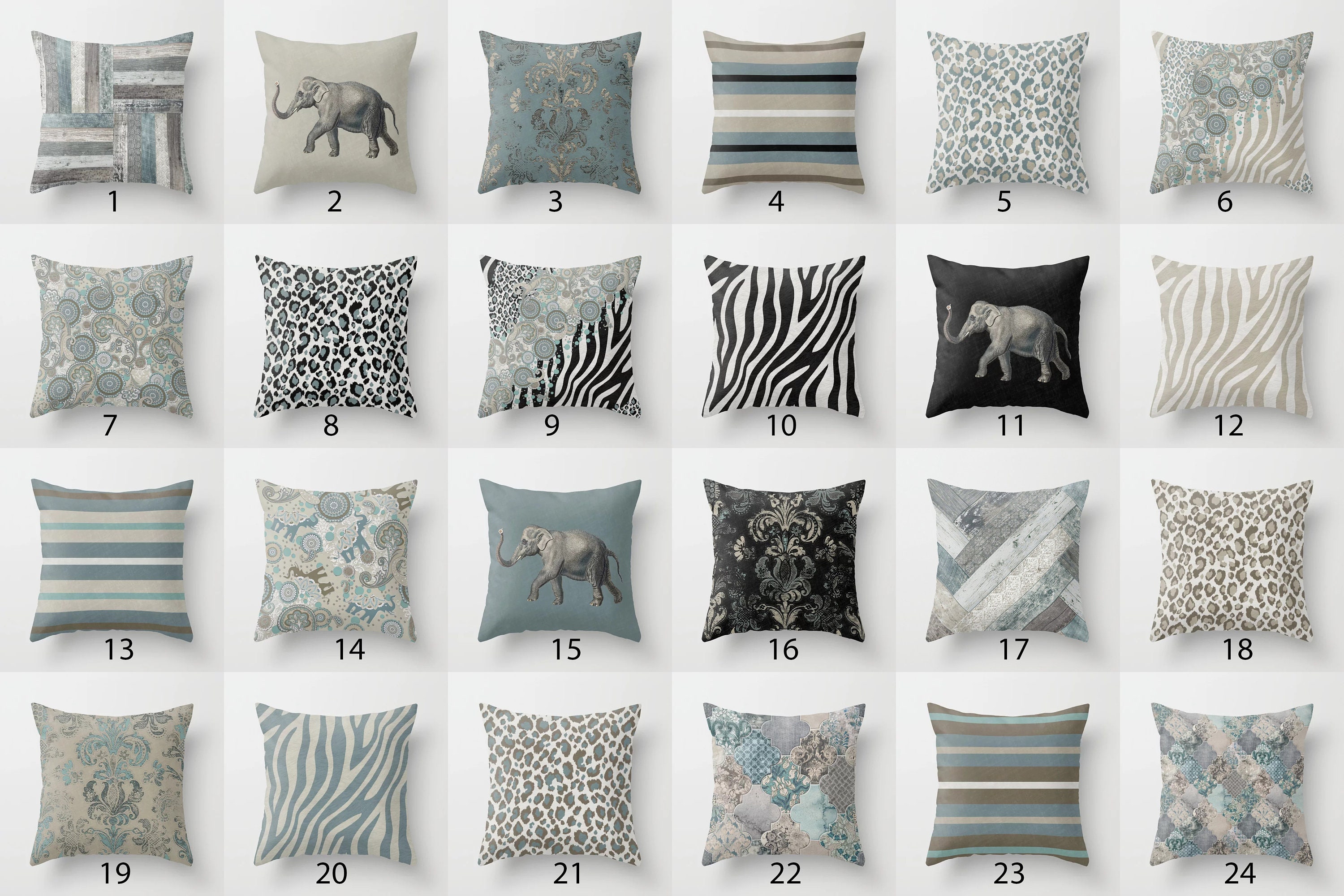 Teal Grey Beige Black Taupe Throw Pillow Mix and Match Indoor Outdoor Cushion Cover Accent Couch Toss Elephant Zebra Leopard Paisley Stripe Etsy Sweden