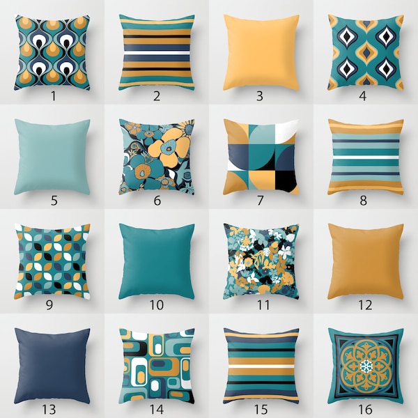 Mustard Yellow Teal Aqua Indigo Blue White Throw Pillow Mix and Match Indoor Outdoor Cushion cover Accent Couch Toss Geometric Living Room