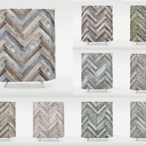 May include: Shower curtains with a distressed wood plank design in various colors. The curtains feature a herringbone pattern with shades of brown, blue, gray, and red. The curtains are made of a durable material and are suitable for bathroom decor.