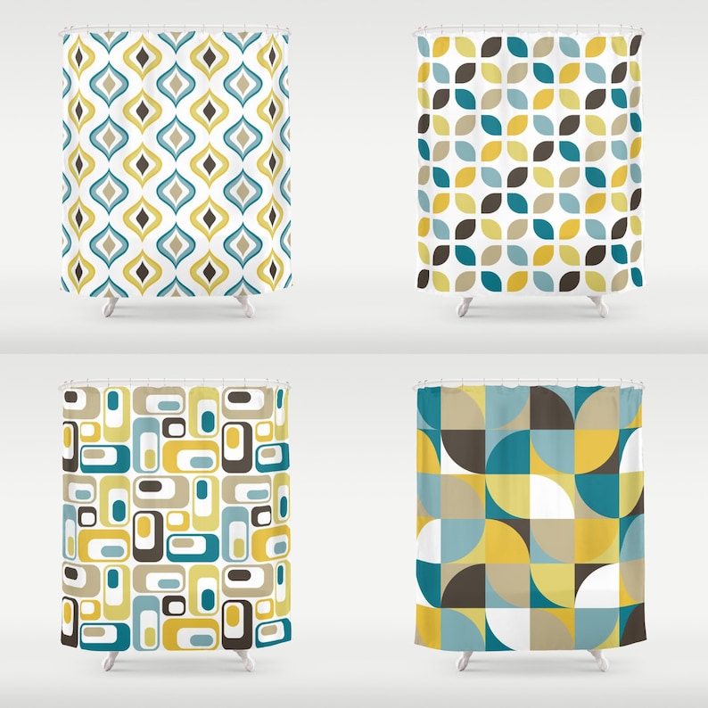 Retro Print Shower Curtain Bathroom D 70x70 71 X 74 70x83 70x90 White Mustard Yellow Lime Green Greige Beige Duck Egg Aqua Teal Blue