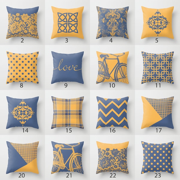 Saffron Yellow Dusty Blue Throw Pillow Mix and Match Indoor Outdoor Cushion cover Accent Couch Toss Bright Vivid Melange Houndstooth Corn