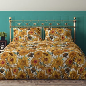 Van Gogh Sunflowers cream yellow turquoise 100% Cotton Sateen Bedding Duvet Cover Pillow sham Flat Fitted Sheet king queen full twin saffron