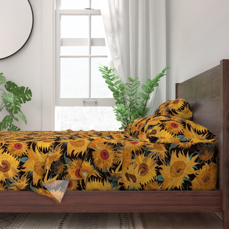 Van Gogh Sunflowers black yellow turquoise 100% Cotton Sateen Bedding Duvet Cover Pillow sham Flat Fitted Sheet king queen full twin saffron image 8