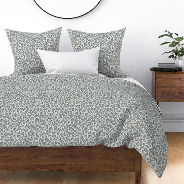 Leopard teal beige grey 100% Cotton Sateen Bedding Duvet Cover Pillow sham Flat Fitted Sheet king queen full twin duck egg blue neutral pale