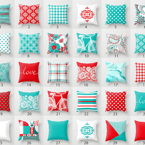 Crimson Aqua White Pillow Mix and Match Indoor Outdoor Cushion cover Accent Couch Toss Tiffany Robin egg Blue Red Turquoise Teal Cyan Coral