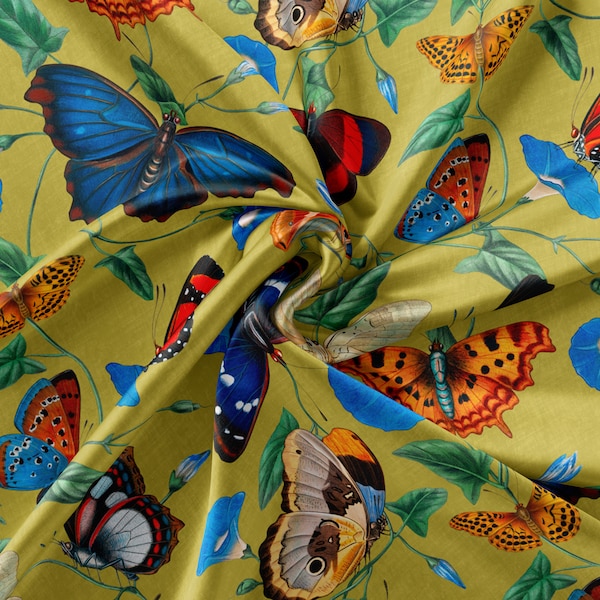 Morning Glory with Butterflies in lime green blue 100% mulberry silk fabric by the meter, Width 52 inch/132 cm Charmeuse Twill Habotai