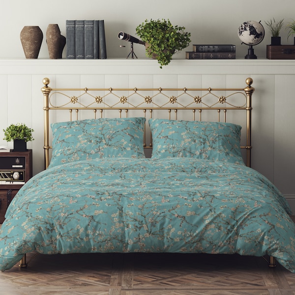 Van Gogh Almond Blossom Robin Egg Blue Blush 100% Cotton Sateen Bedding Duvet Cover Pillow sham Flat Fitted Sheet king queen full twin aqua