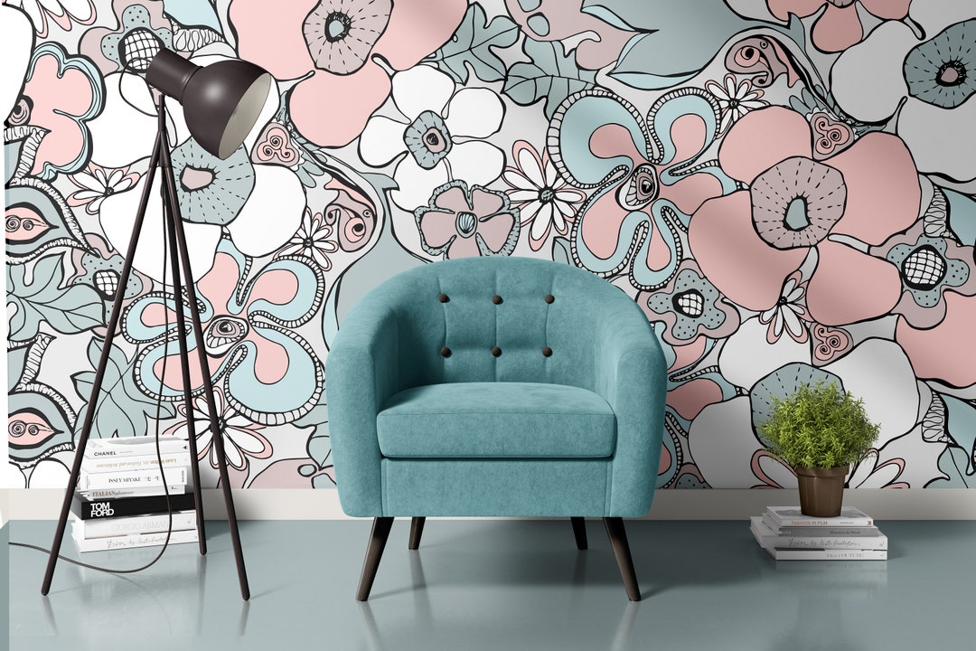 Floral Doodles Wall Mural Duck Egg Blue Blush Pink Mauve Mint CUSTOM ...