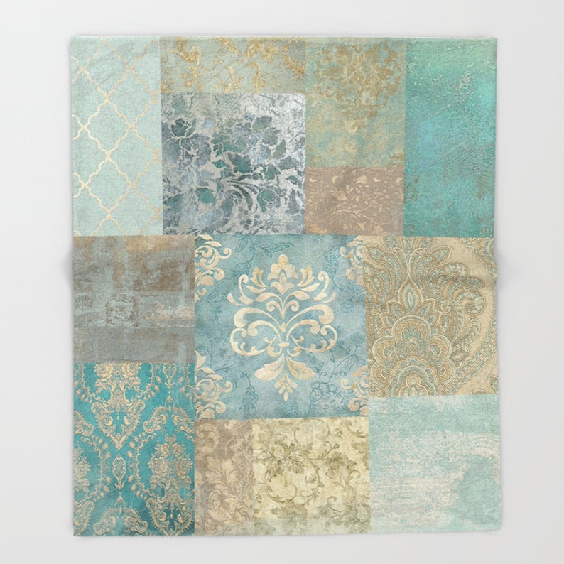 Light stone blue duck egg teal sand purple violet eggplant Victorian Vintage Kilim Patchwork Throw Blanket Home Decor Antique Damask