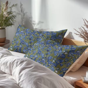 Van Gogh Irises cobalt blue olive green 100 % Mulberry Silk or Cotton Sateen Pillow Sham Standard King Size Pillowcase for Hair and Skin