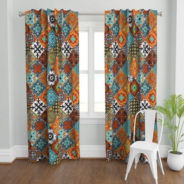 Talavera Tiles Window Curtains 50" x 84", 50" x 96", 50" x 108" Sheer Blackout Velvet Cotton Linen Sateen Bedroom drapes Burnt Orange Rust