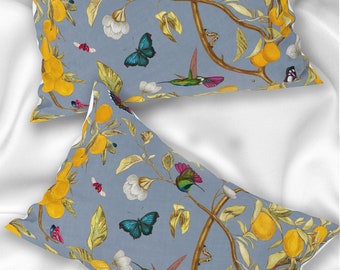 Hummingbirds, Lemons and Bugs 100 % Mulberry Silk or Cotton Sateen Pillow Sham Standard King Size Pillowcase for Hair and Skin Slate Blue